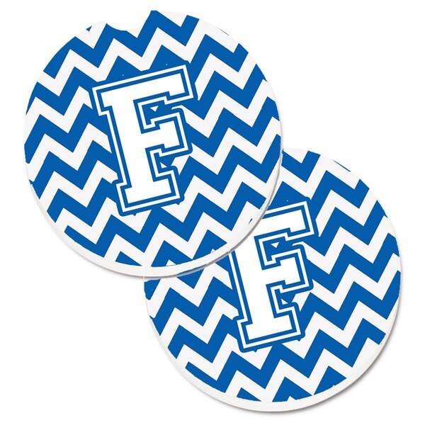 Carolines Treasures Letter F Chevron Blue and White Set of 2 Cup Holder Car Coaster CJ1045-FCARC - main